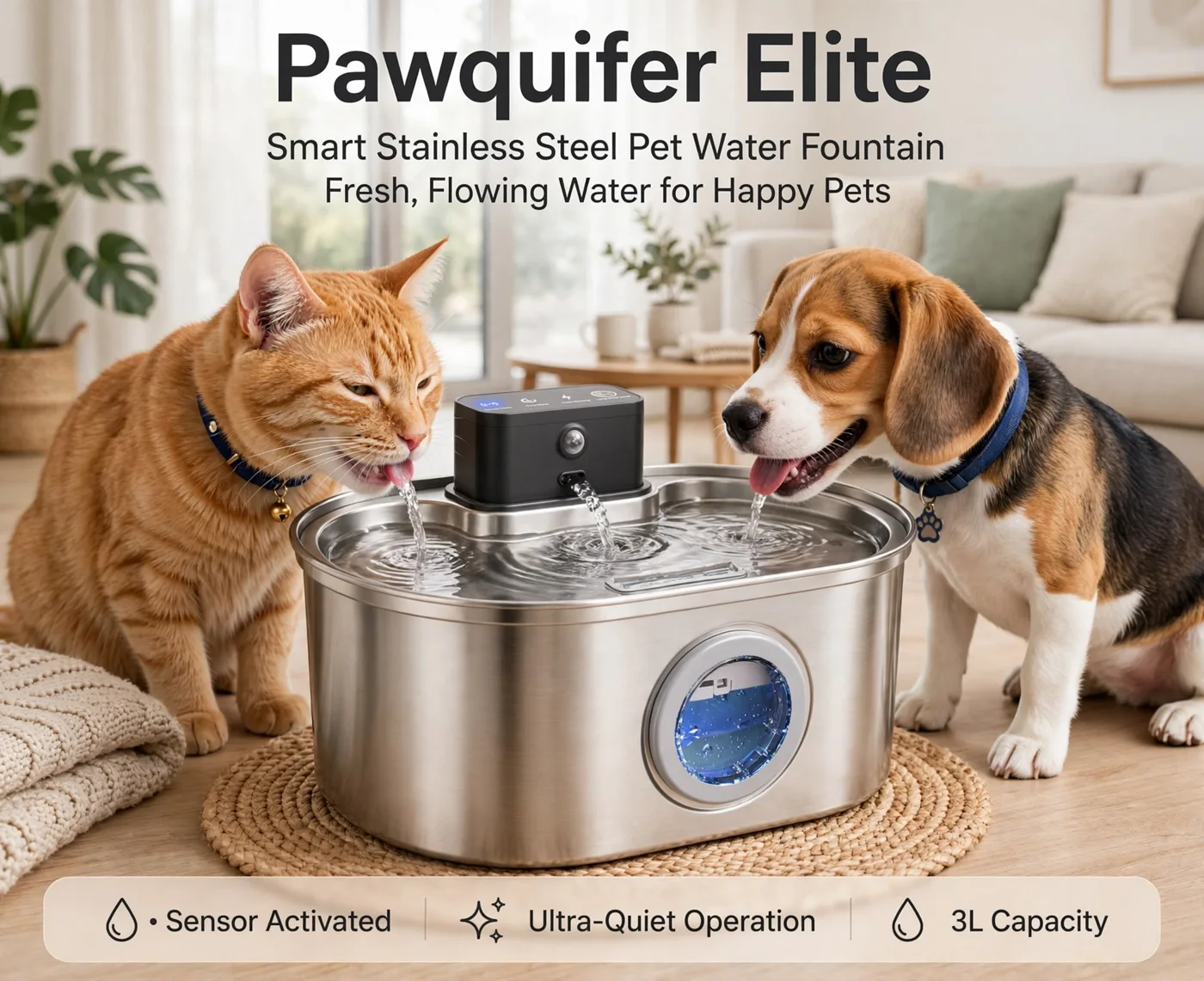 An orange cat and a beagle drinking together from the stainless-steel Pawquifer fountain at home