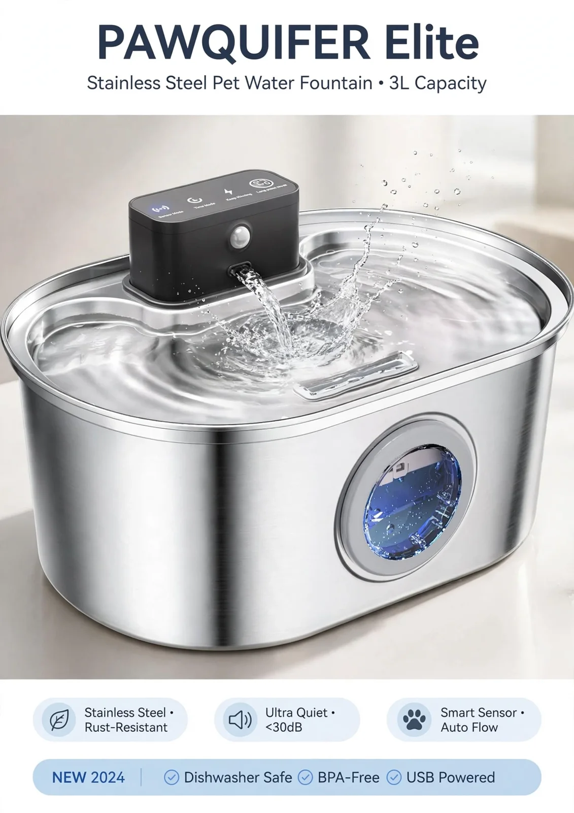 The Pawquifer Elite stainless-steel fountain shown with its 3-litre reservoir and smart sensor pump
