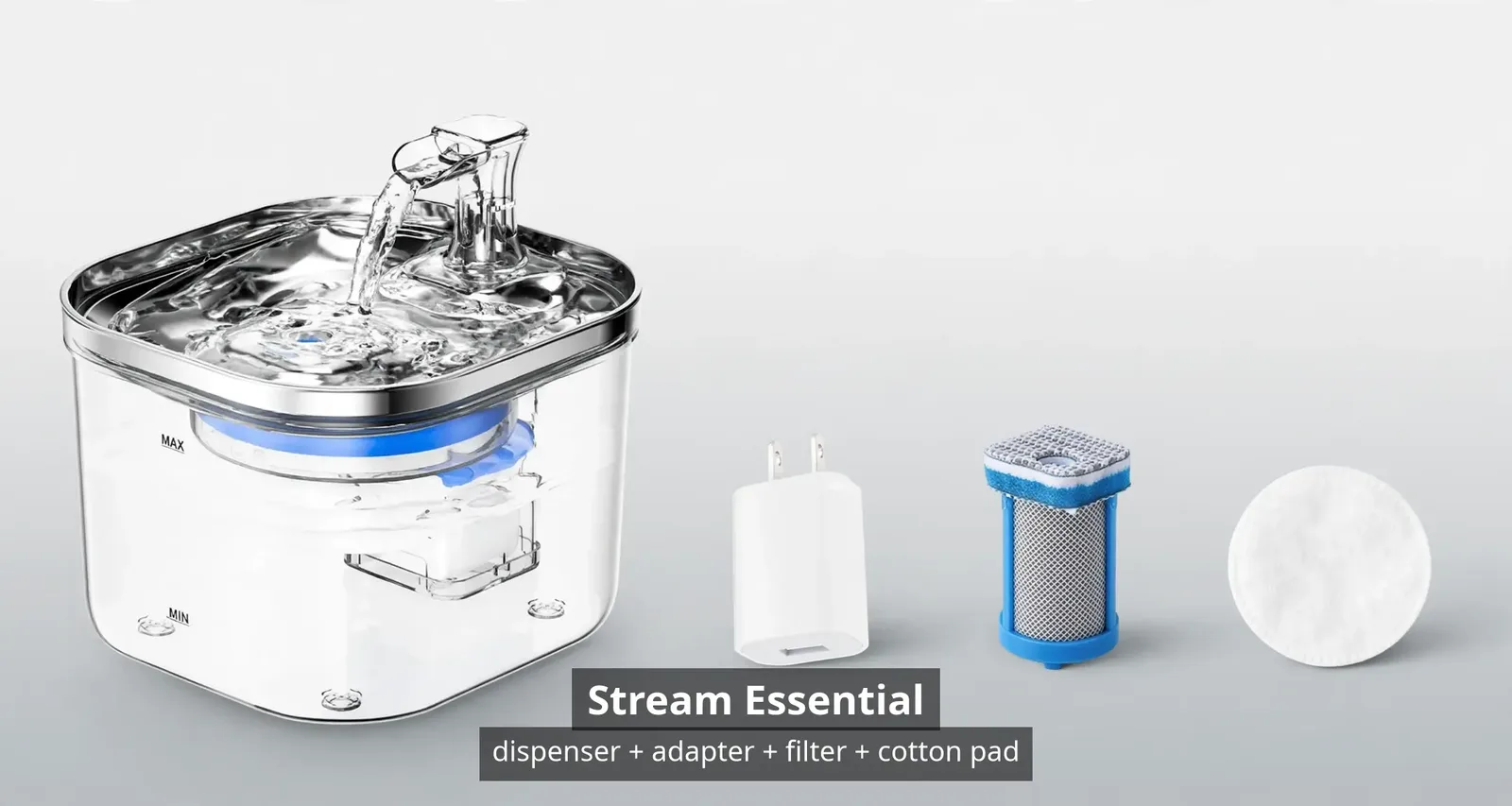 Stream Essential bundle contents: the fountain, power adapter, one filter, and one cotton pad