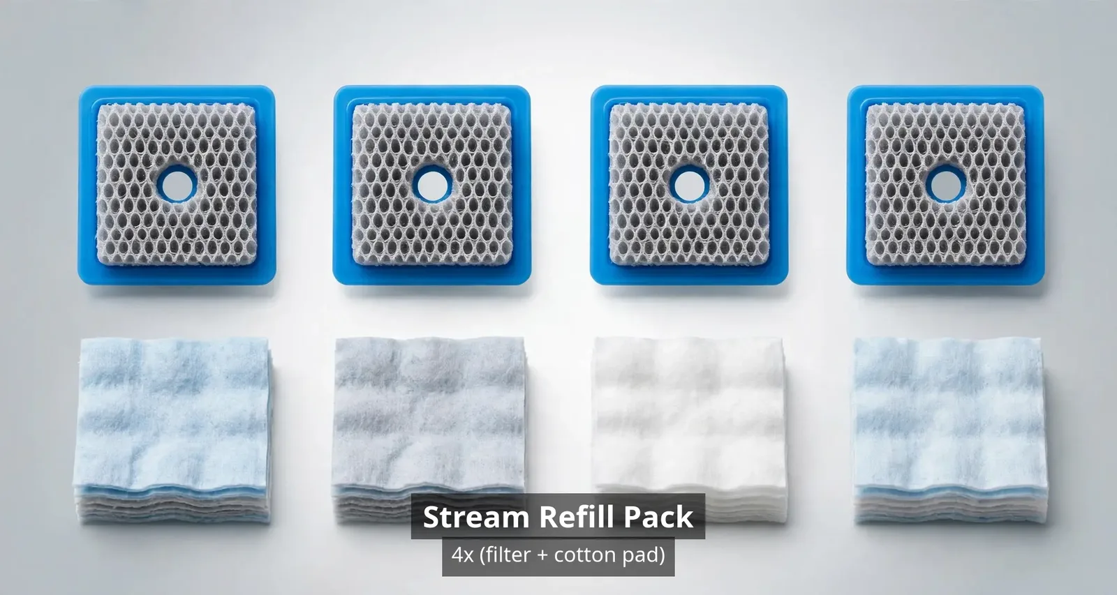 Stream Refill Pack contents: four replacement filters and four cotton pads