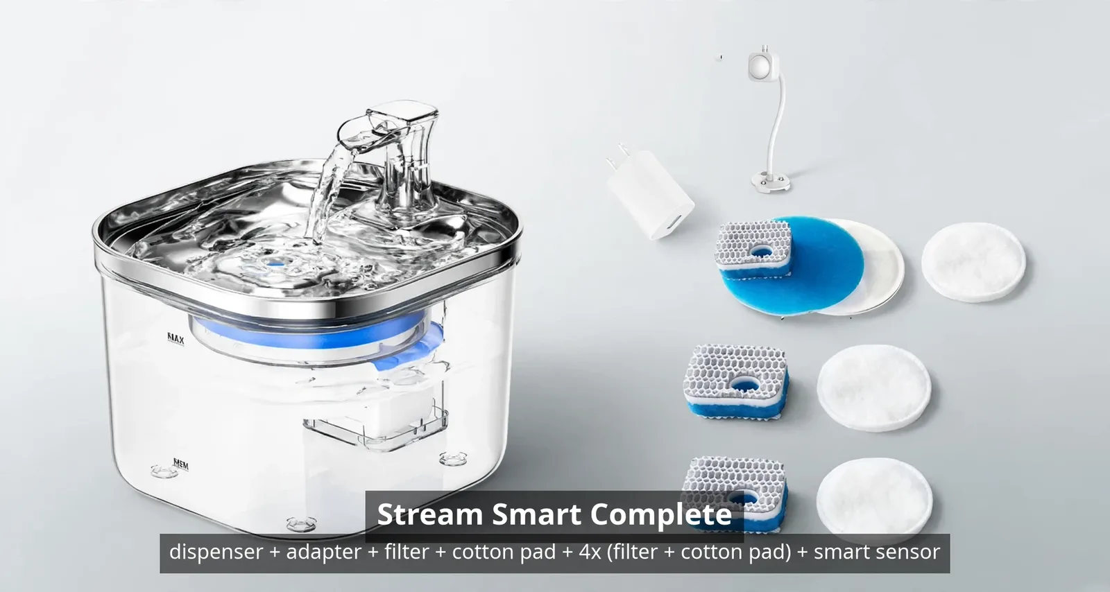 Stream Smart Complete bundle contents: the fountain, power adapter, the smart sensor, one filter and cotton pad, plus four extra filter-and-cotton-pad sets