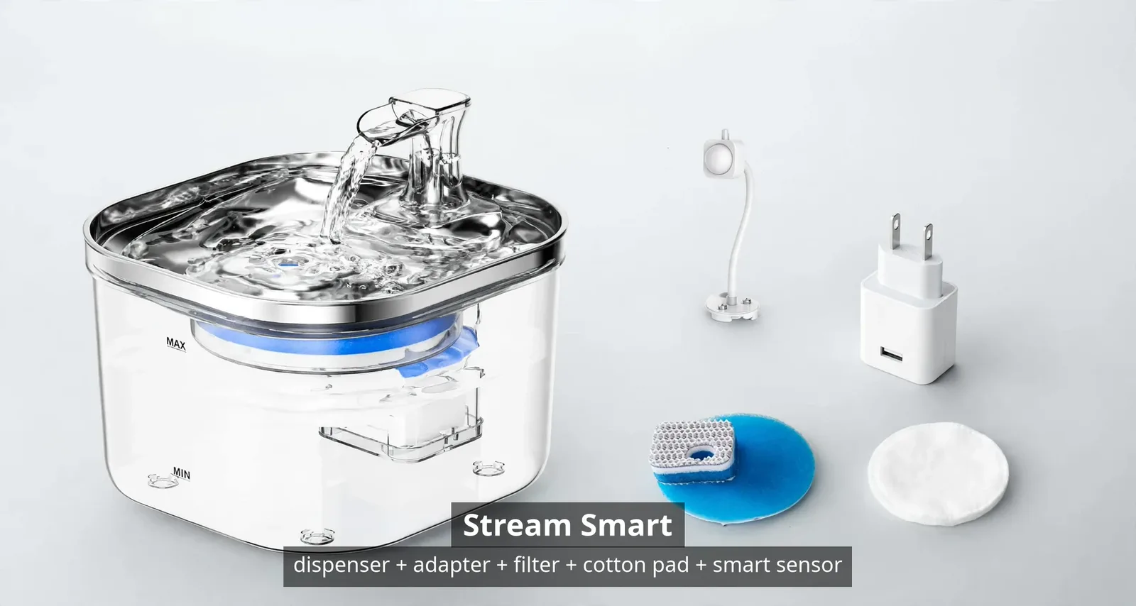 Stream Smart bundle contents: the fountain, power adapter, filter, cotton pad, and the motion smart sensor