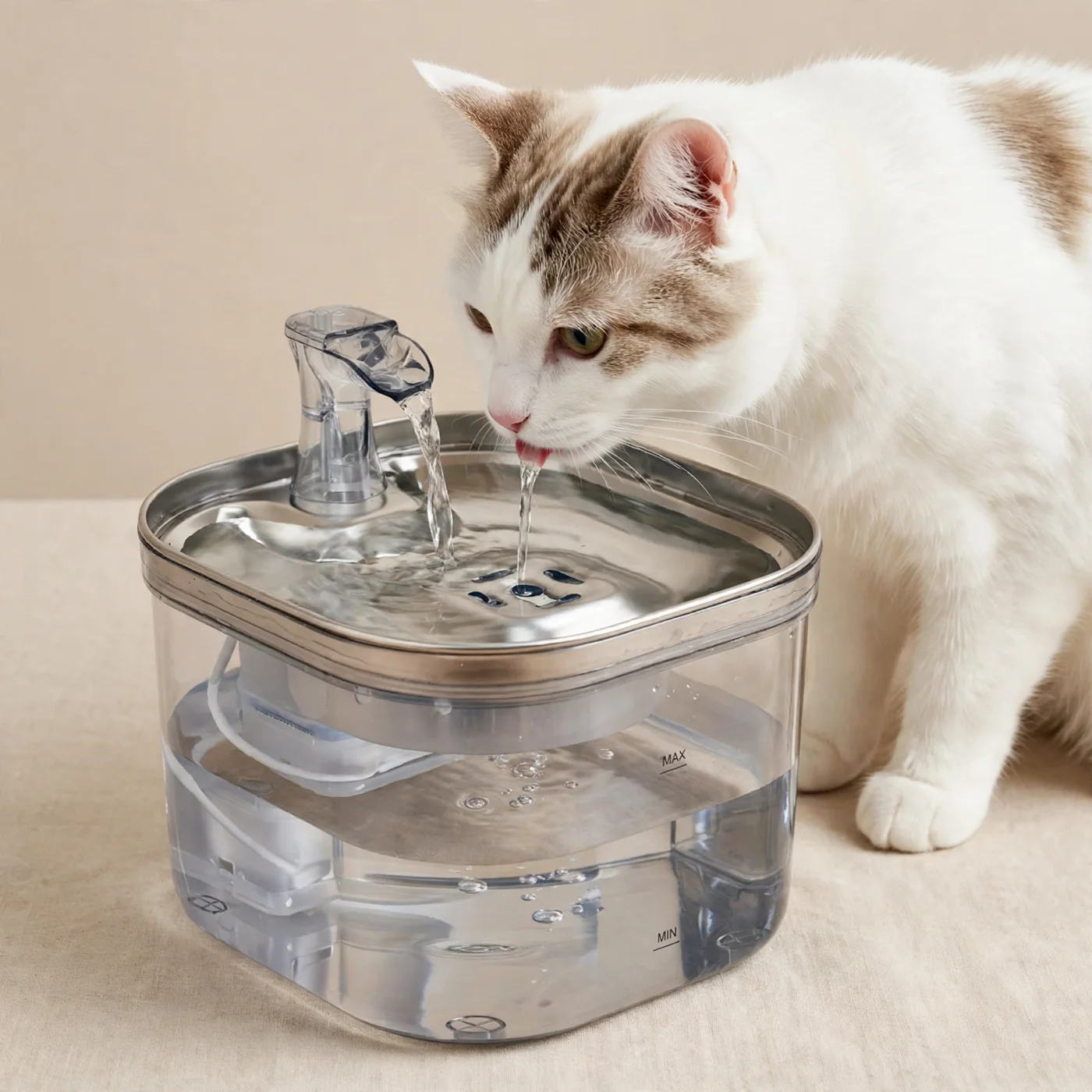 A white cat drinking from the Pawquifer Stream fountain, showing its clear tank and stainless-steel tray with faucet-style flow